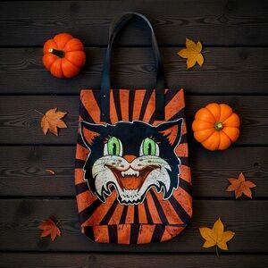 Happy Cat Shoulder Purse Retro Tote Bag Rockabilly Kitty Lined Handmade NWOT